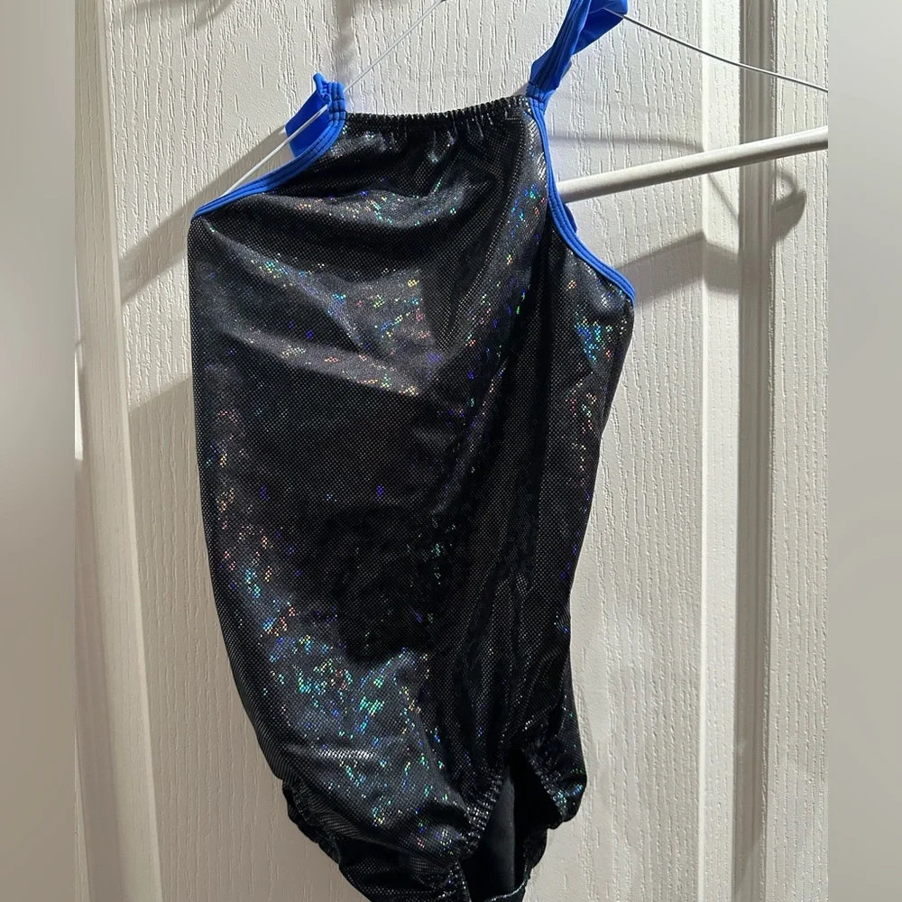 Black iridescent Leotard with blue flutter straps